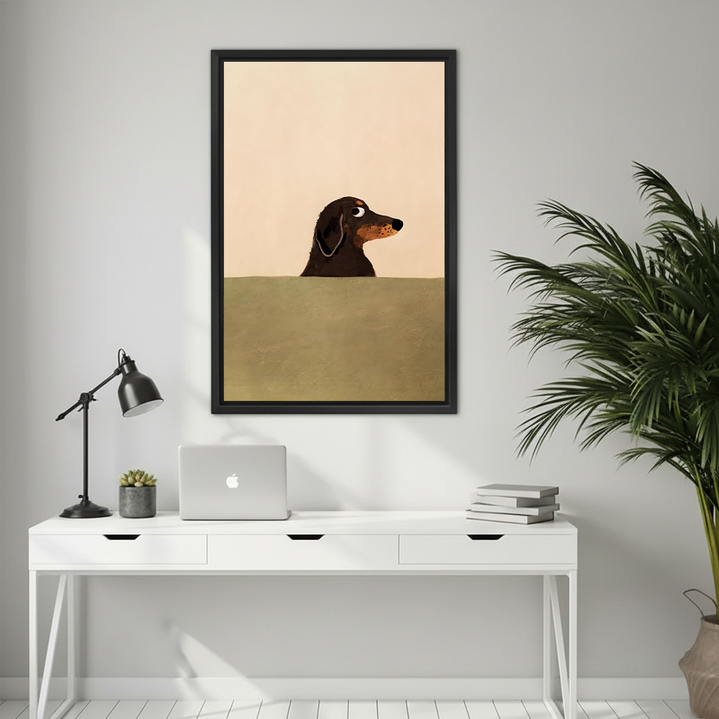 Minimalist dachshund wall art print in black frame above white desk in modern home office