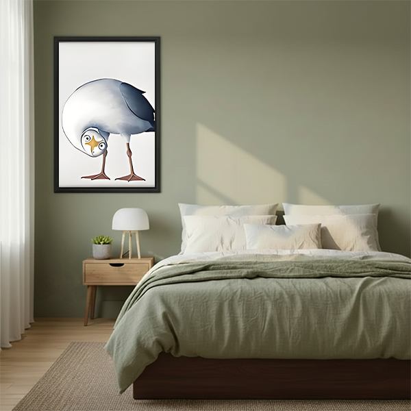Confused seagull upside-down watercolor framed canvas art hung on sage green wall above wooden bed with linen bedding in Scandinavian bedroom