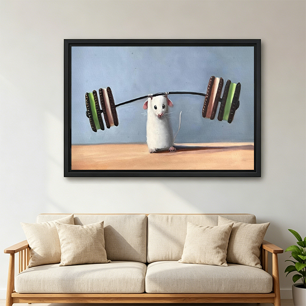 Funny mouse weightlifting framed wall art above sofa – living room canvas decor