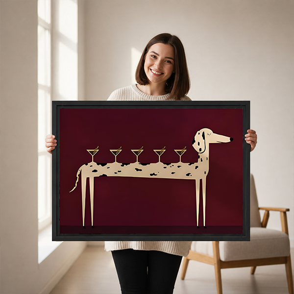 Woman holding framed martini dog canvas wall art showing five cocktail glasses on an elongated spotted dog.