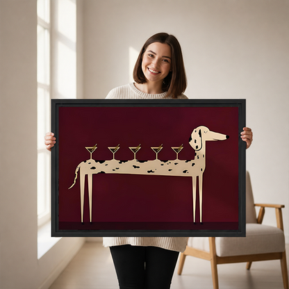 Woman holding framed martini dog canvas wall art showing five cocktail glasses on an elongated spotted dog.