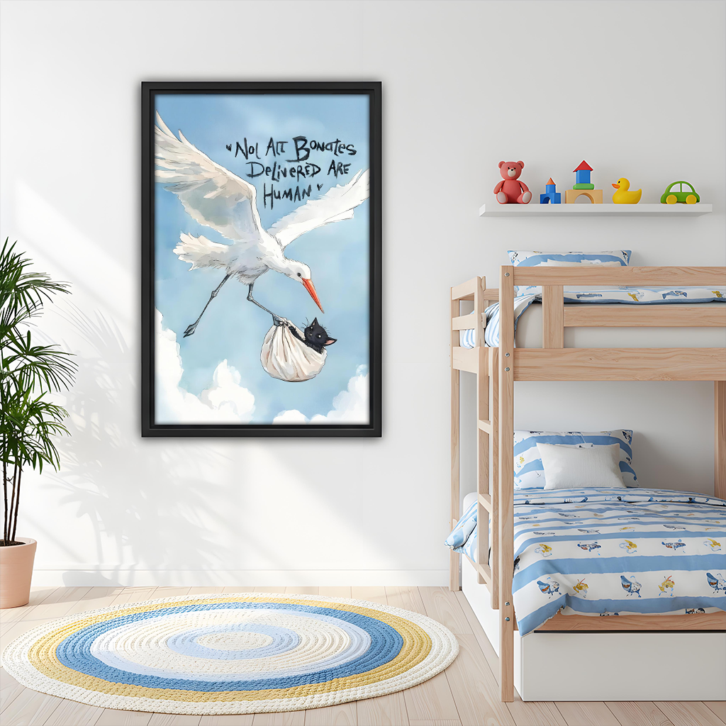 Playful stork cat wall art print in kids bedroom nursery