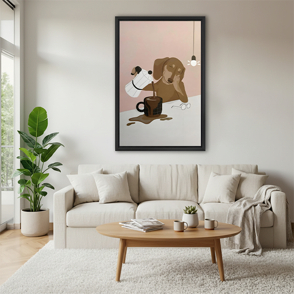 Whimsical dachshund coffee wall art print above cream sofa in Scandinavian living room
