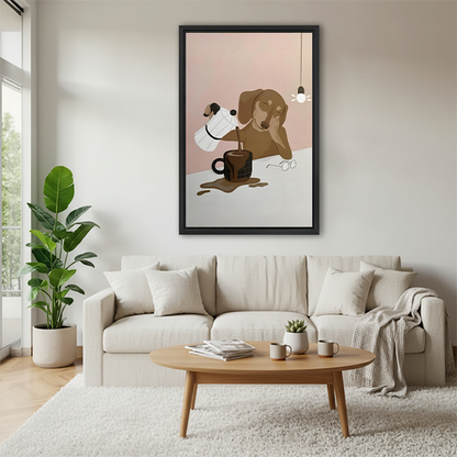 Whimsical dachshund coffee wall art print above cream sofa in Scandinavian living room