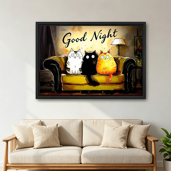 Good Night Cartoon Cats Framed Wall Art Print Above Sofa Living Room Decor
