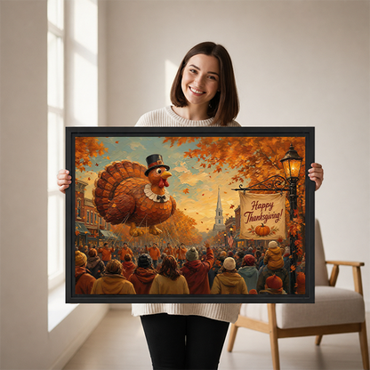 Unframed Thanksgiving turkey parade canvas wall art featuring a giant turkey balloon and autumn leaves above a wooden console.