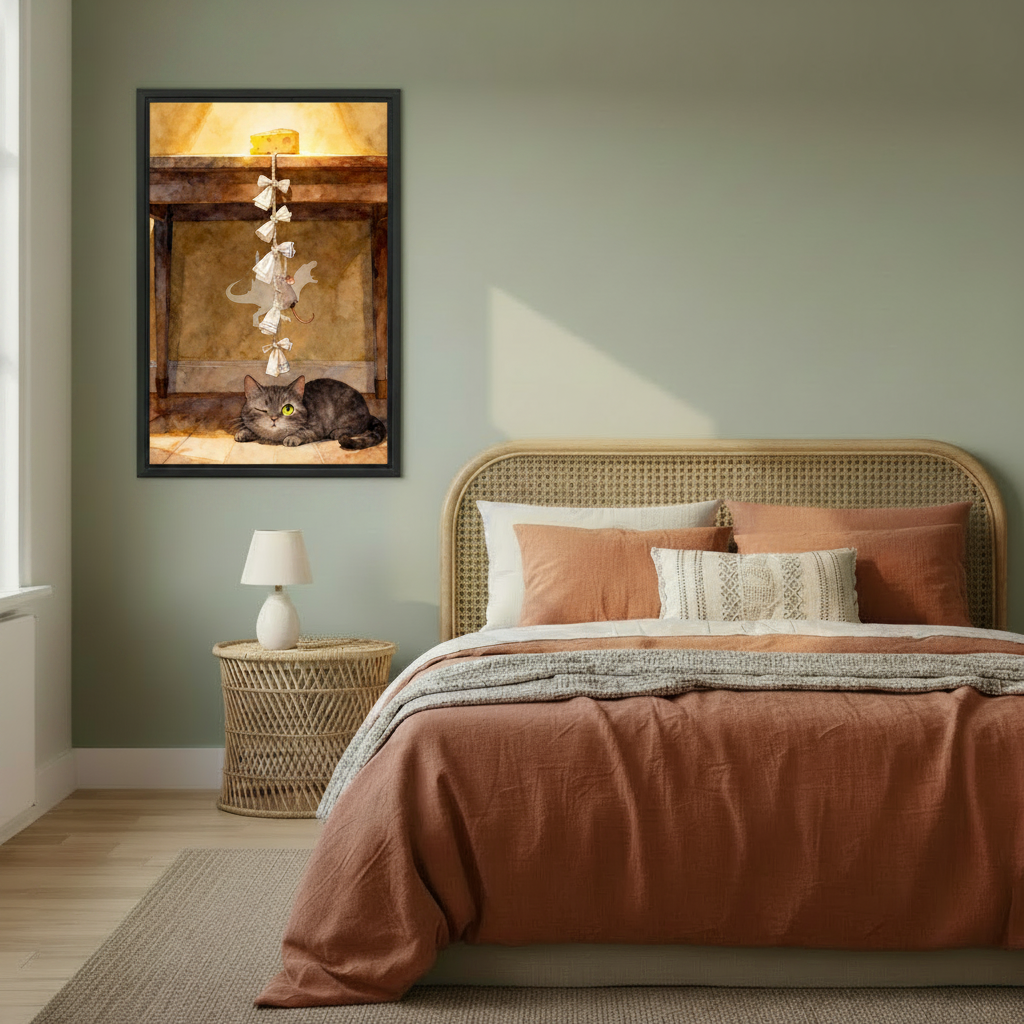 Framed funny cat mouse watercolor canvas wall art above rattan bed, lazy tabby cat with cheese and mouse bedroom decor