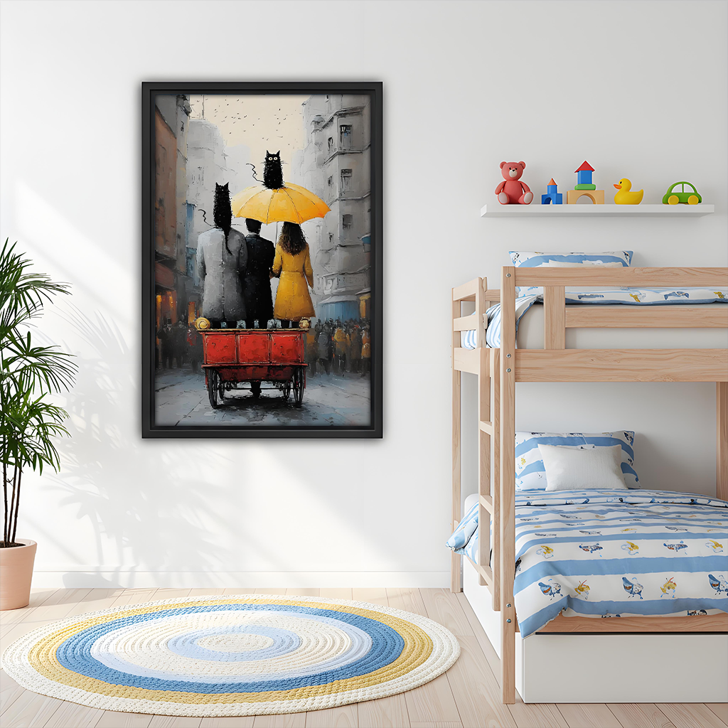 Black cats couple yellow umbrella street art framed print – kids bedroom wall decor