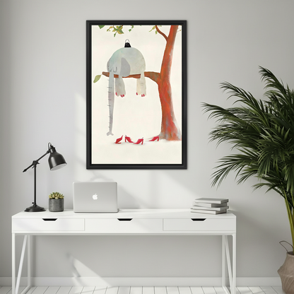 Whimsical sleeping elephant red high heels framed canvas art in black frame above white desk with laptop in modern home office