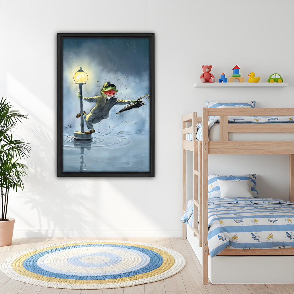 Singing in rain dancing frog retro framed canvas wall art in kids bedroom – funny vintage print above bunk bed with colorful toys