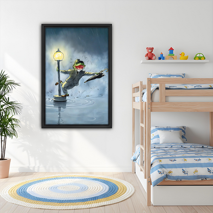 Singing in rain dancing frog retro framed canvas wall art in kids bedroom – funny vintage print above bunk bed with colorful toys