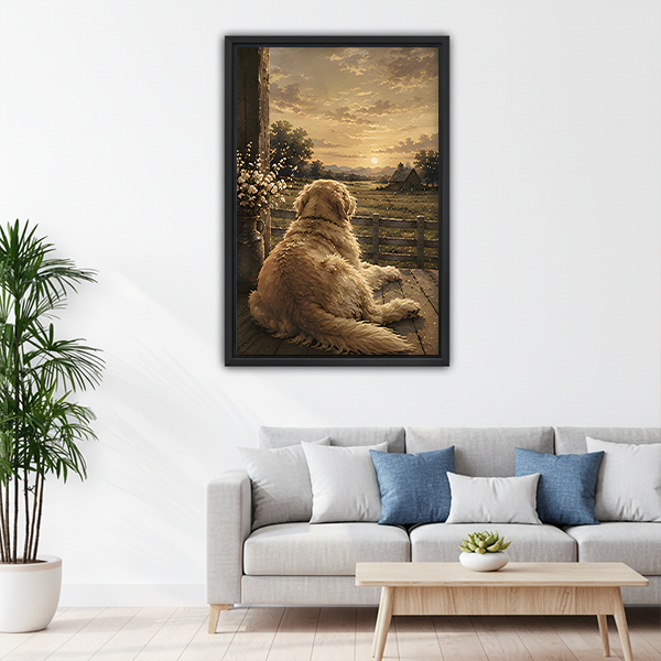 Golden retriever watching sunset rustic farm oil painting framed canvas art above living room sofa