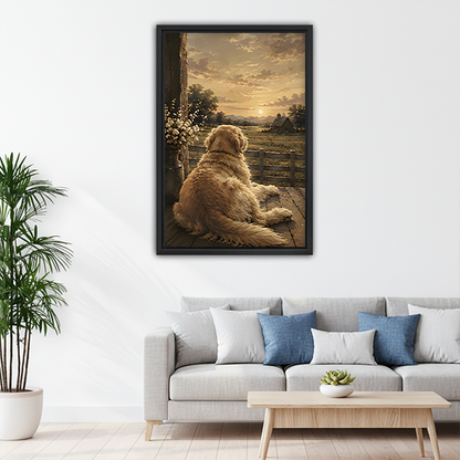 Golden retriever watching sunset rustic farm oil painting framed canvas art above living room sofa