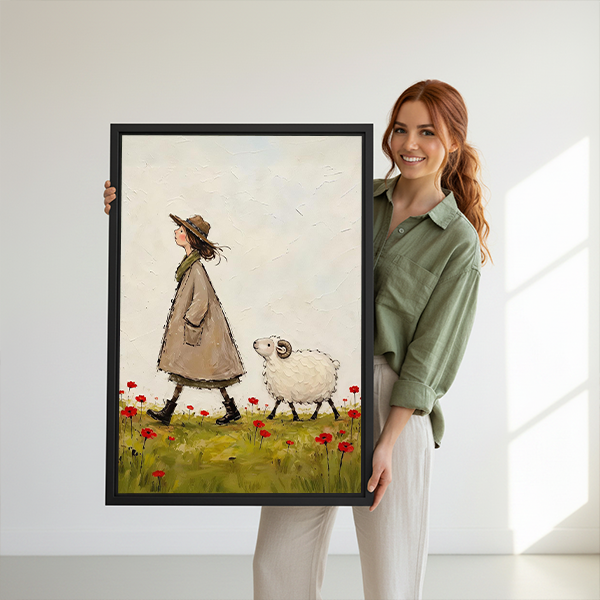 Woman holding framed woman and sheep canvas wall art showing a countryside stroll through grass and red flowers.