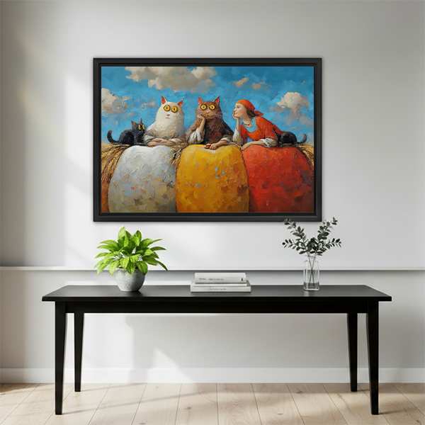 Whimsical cats and girl colorful oil painting framed print above black bench in modern living room