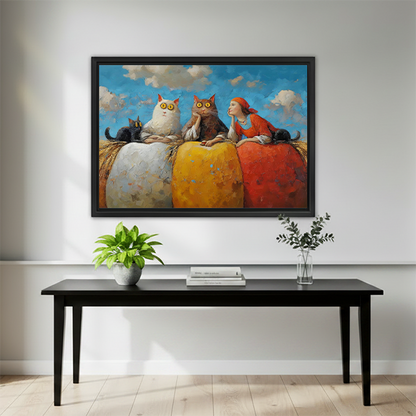 Whimsical cats and girl colorful oil painting framed print above black bench in modern living room