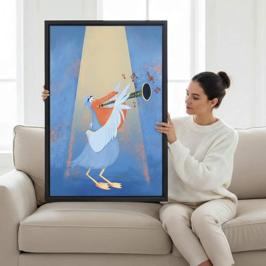 Whimsical pelican playing saxophone wall art in black frame above wooden stool