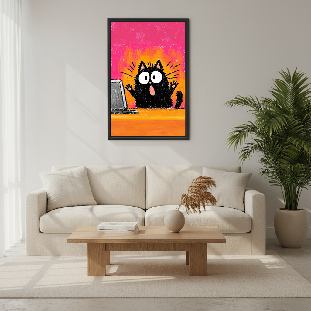 Shocked fluffy black cat with big white eyes and open mouth raising paws in front of laptop computer funny crayon chalk art illustration with hot pink and orange background framed wall art hung on light grey wall above cream sofa with round wooden coffee table white ceramic vase pampas grass and large palm plant in minimalist living room