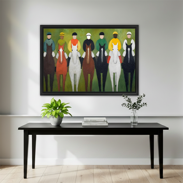 Abstract colorful jockeys equestrian framed print above black console table in modern living room