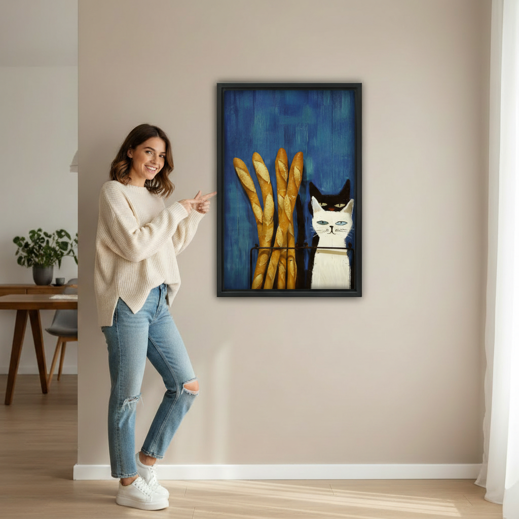 Woman pointing at large framed black and white cat with French baguettes wall art print, black frame, bold blue oil painting style, showing actual print size in a bright modern hallway