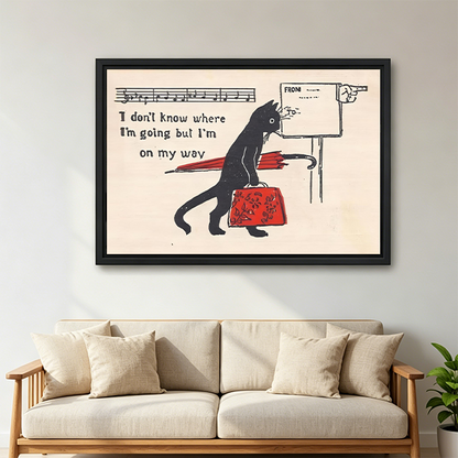 Funny black cat framed wall art above sofa – vintage quote canvas print for living room