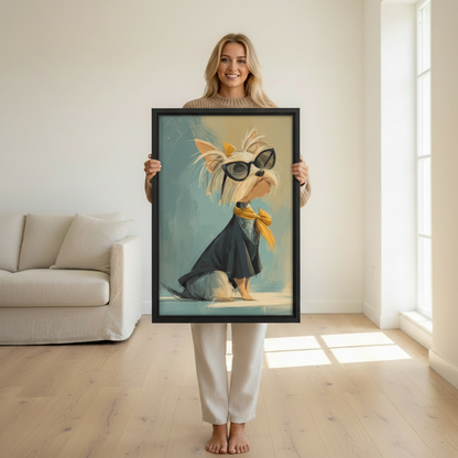 Chic Yorkie in Sunglasses and Yellow Bow Framed Wall Art – Vintage Fashion Dog Print for Dog Lovers
