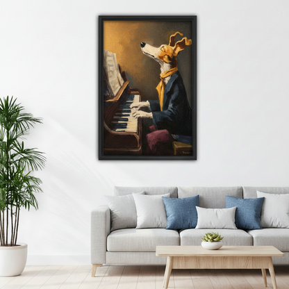 Dog playing piano framed canvas art above sofa, vintage-style greyhound musician oil painting for living room wall decor