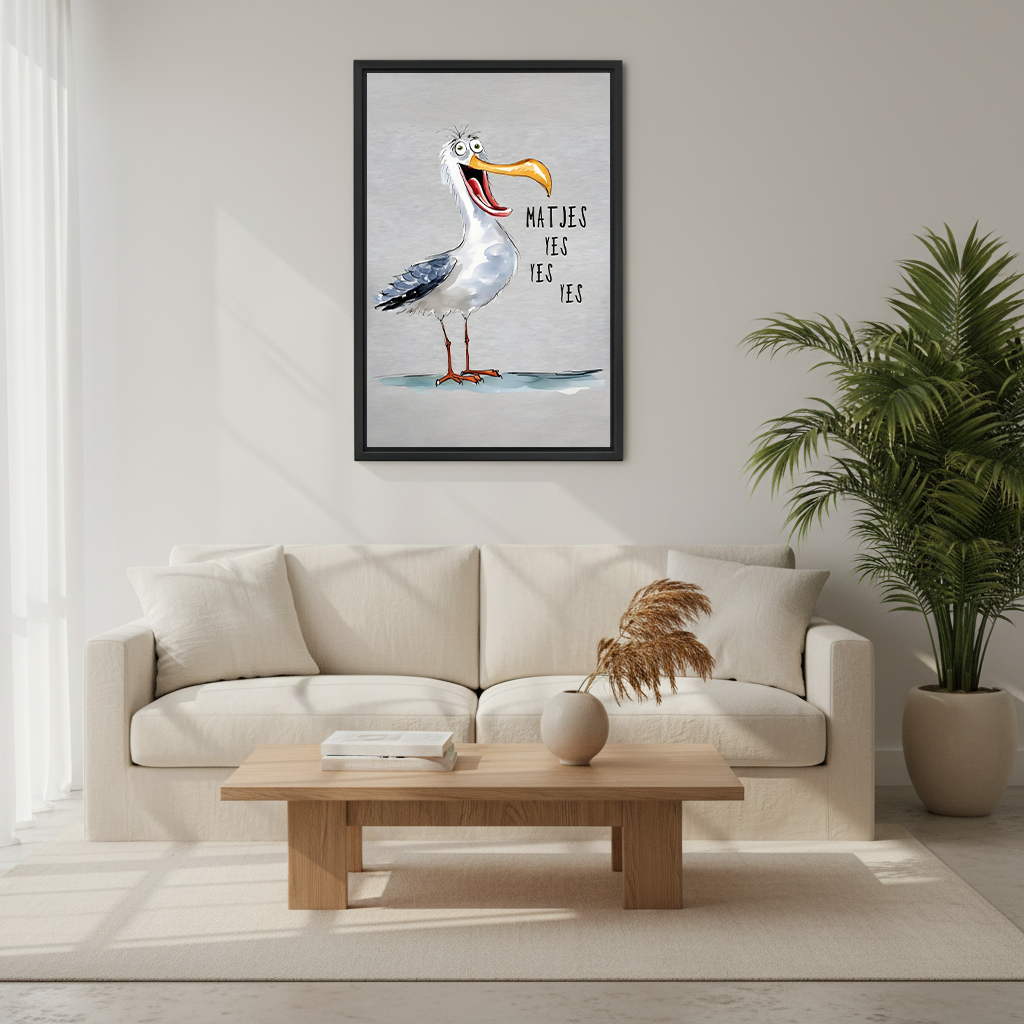 Funny seagull coastal quote wall art in black frame above cream sofa with palm plant – 'Matjes Yes Yes Yes' humorous bird print in bright Scandinavian living room