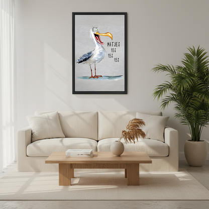Funny seagull coastal quote wall art in black frame above cream sofa with palm plant – 'Matjes Yes Yes Yes' humorous bird print in bright Scandinavian living room