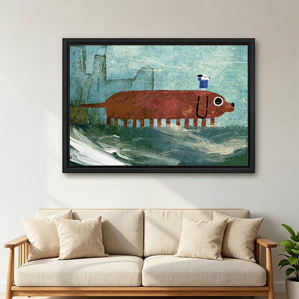 Whimsical giant dachshund surreal oil painting framed wall art in black frame above cream linen sofa with wooden armrests and green plant