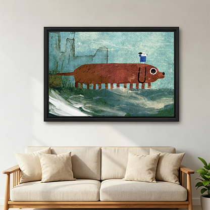 Whimsical giant dachshund surreal oil painting framed wall art in black frame above cream linen sofa with wooden armrests and green plant