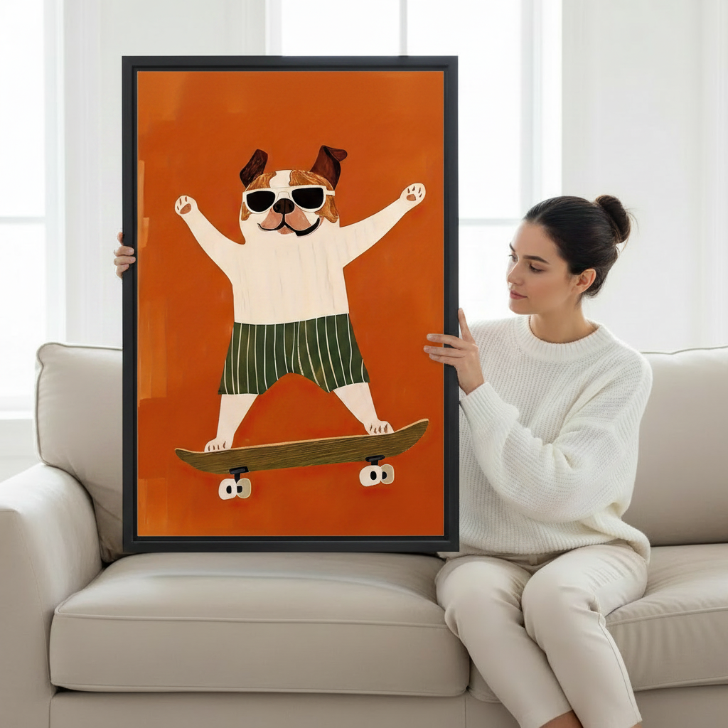 Skateboarding Bulldog Funny Animal Wall Art Print l1976