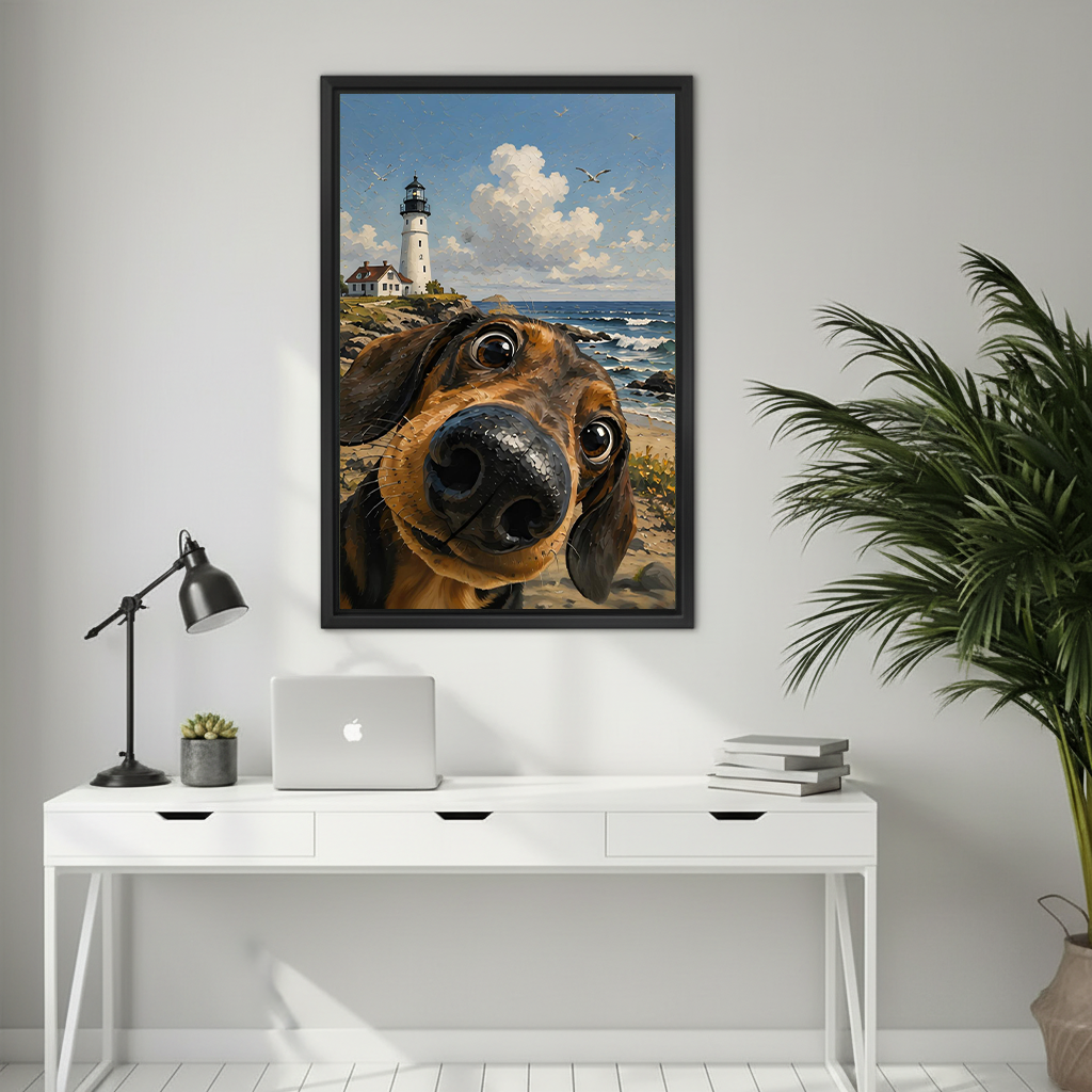Funny dachshund selfie beach lighthouse illustration black framed wall art above white home office desk with laptop and lamp