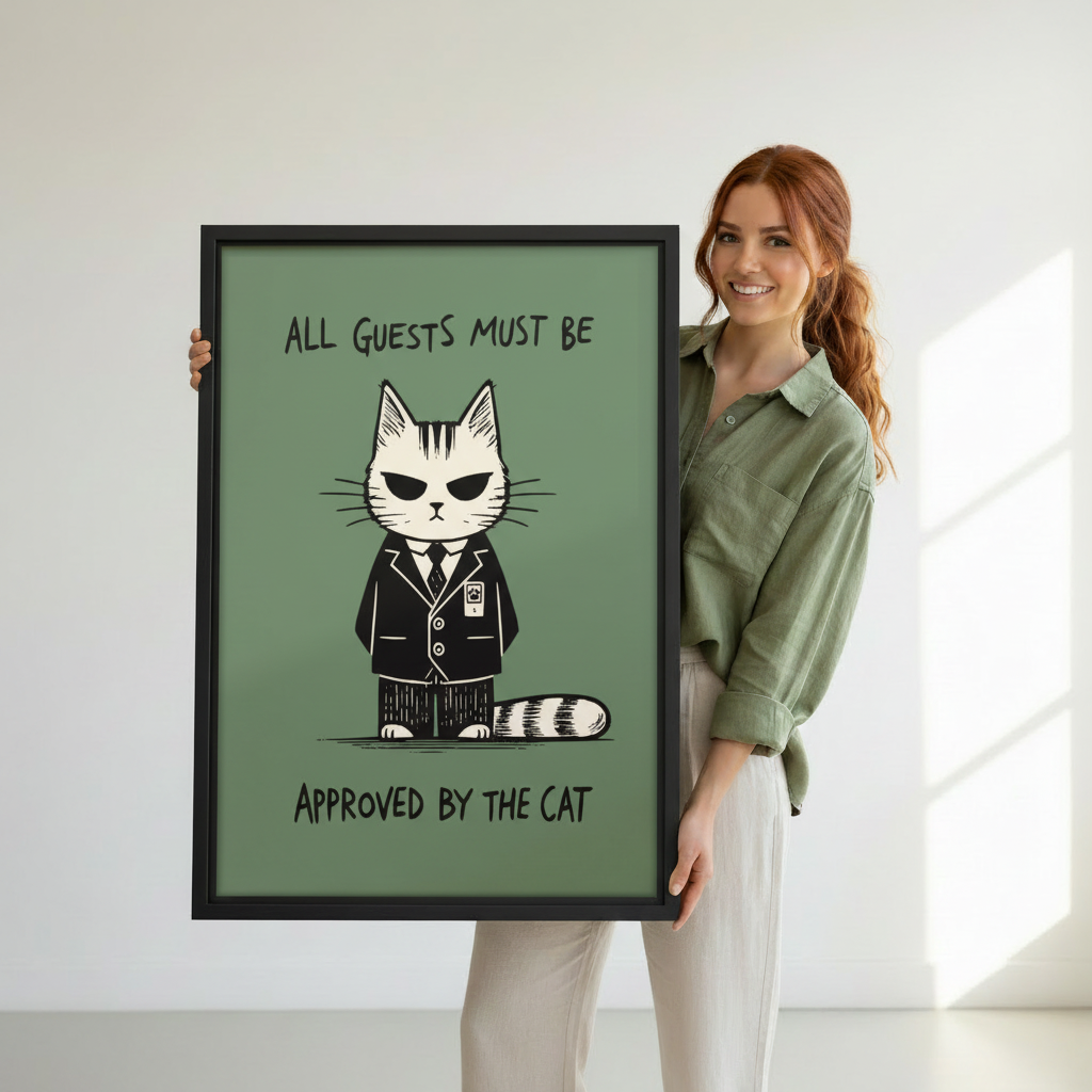 Woman holding large framed funny cat in suit all guests must be approved by the cat sage green wall art print in black frame showing actual print size in bright minimalist white studio
