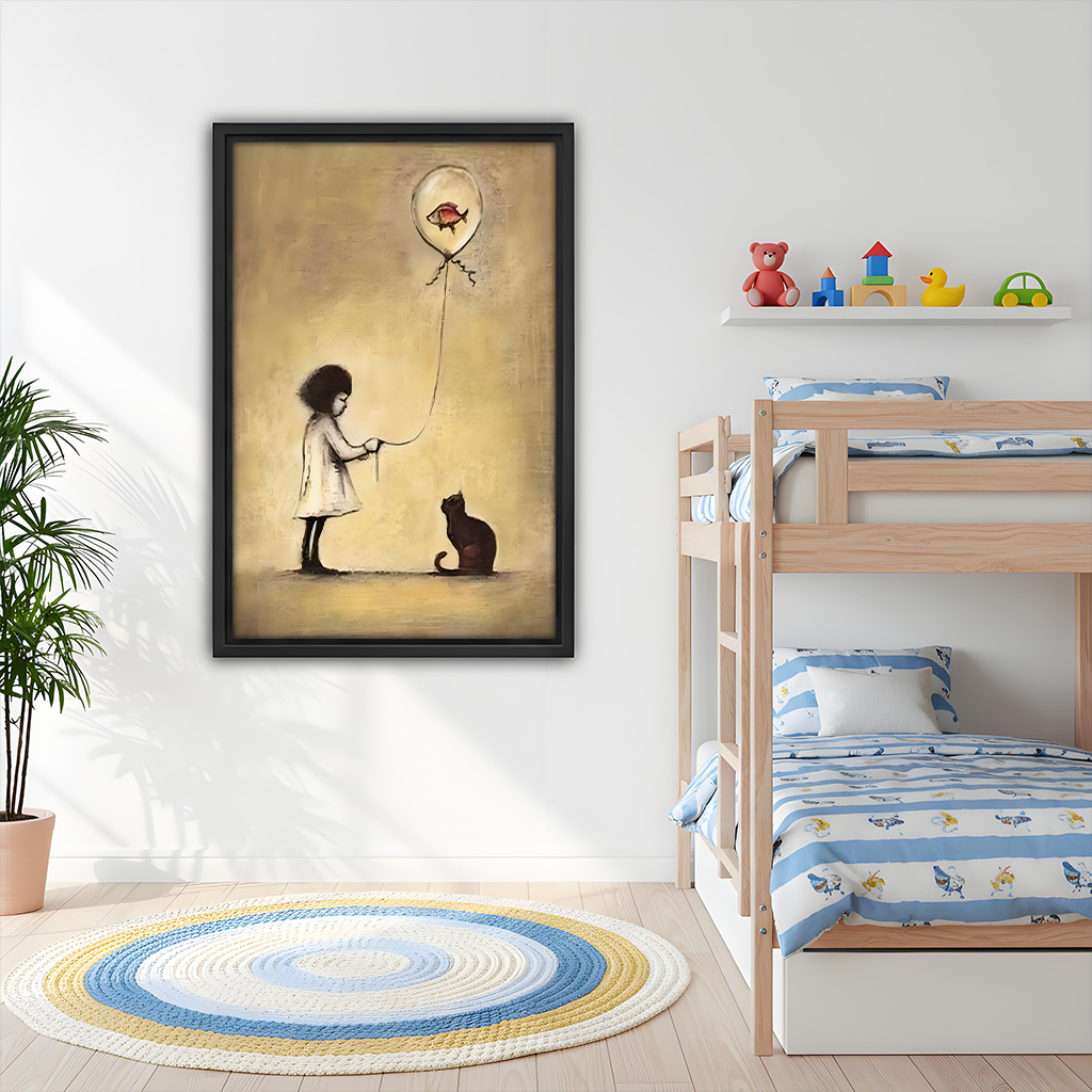 Girl Fish Balloon Black Cat Whimsical Banksy Style Framed Wall Art Print Kids Room Decor