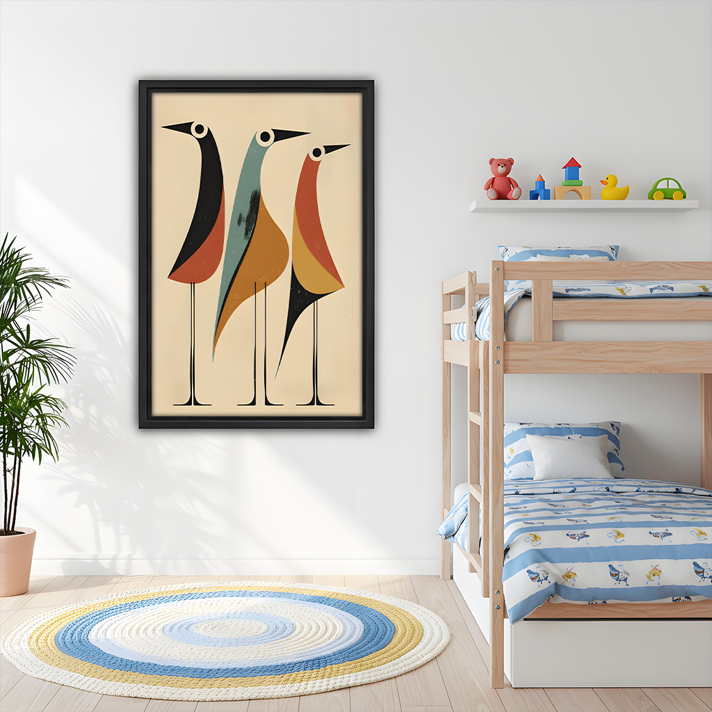 Mid-Century Modern Abstract Birds Trio Framed Wall Art Print Kids Room Bedroom Decor
