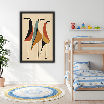 Mid-Century Modern Abstract Birds Trio Framed Wall Art Print Kids Room Bedroom Decor