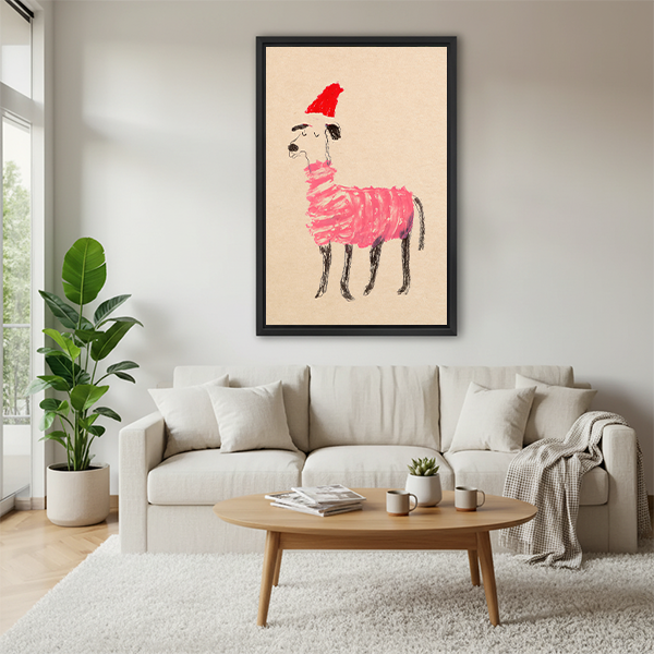 Whimsical Christmas dog in pink striped sweater and red hat crayon sketch framed canvas wall art above cream sofa in bright Scandinavian living room with round coffee table