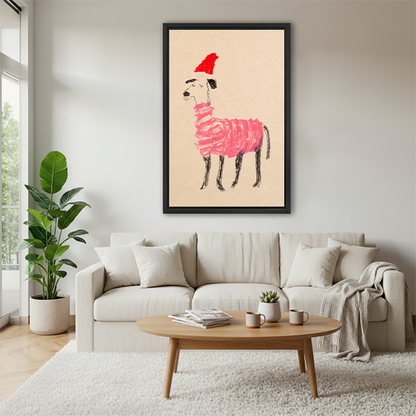 Whimsical Christmas dog in pink striped sweater and red hat crayon sketch framed canvas wall art above cream sofa in bright Scandinavian living room with round coffee table