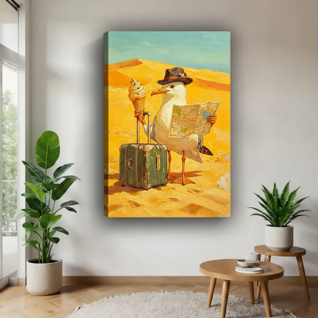 Seagull traveler desert adventure gallery wrap canvas wall art no frame above side table, whimsical oil painting bird with cowboy hat and suitcase