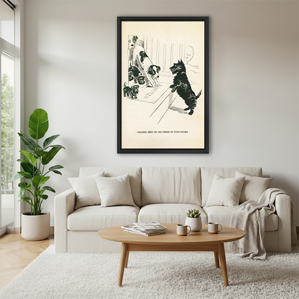 Retro dog family framed wall art print displayed above a beige sofa in a cozy neutral living room