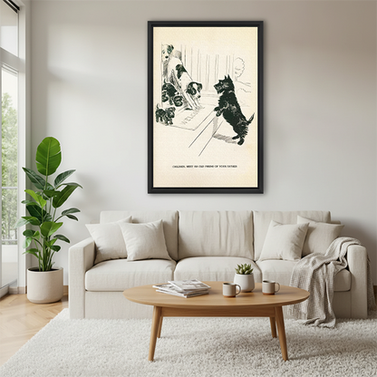 Retro dog family framed wall art print displayed above a beige sofa in a cozy neutral living room
