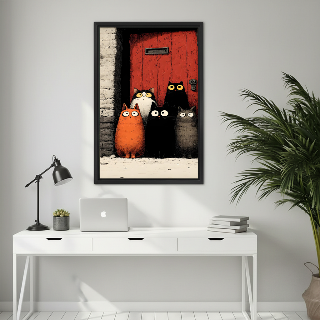 Five wide-eyed cartoon cats orange black-white small black large black and grey at red wooden door gothic illustration framed wall art hung on grey wall above white desk with MacBook black lamp succulent and stacked books in home office