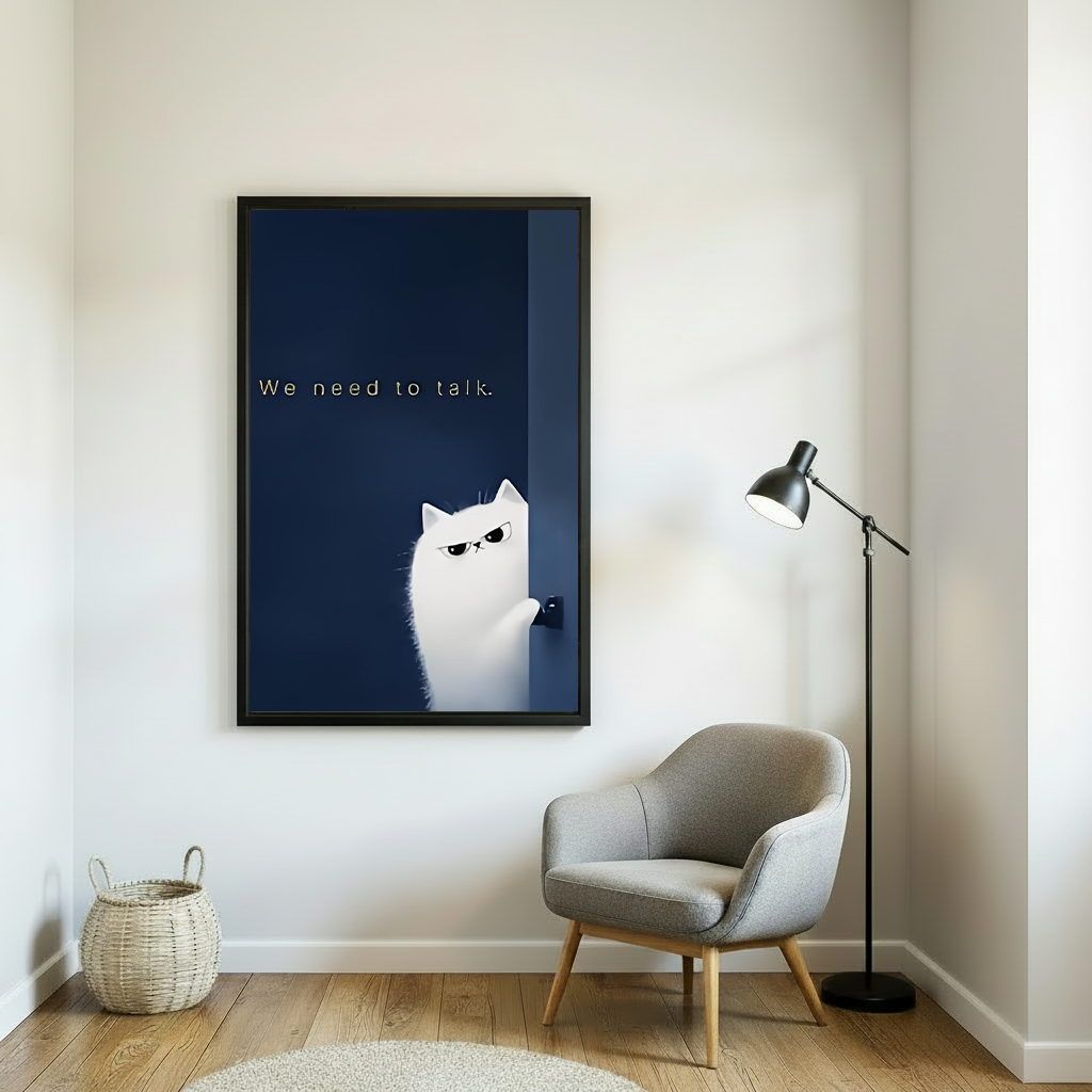 "We need to talk" grumpy cat framed canvas print beside gray armchair and floor lamp in modern room
