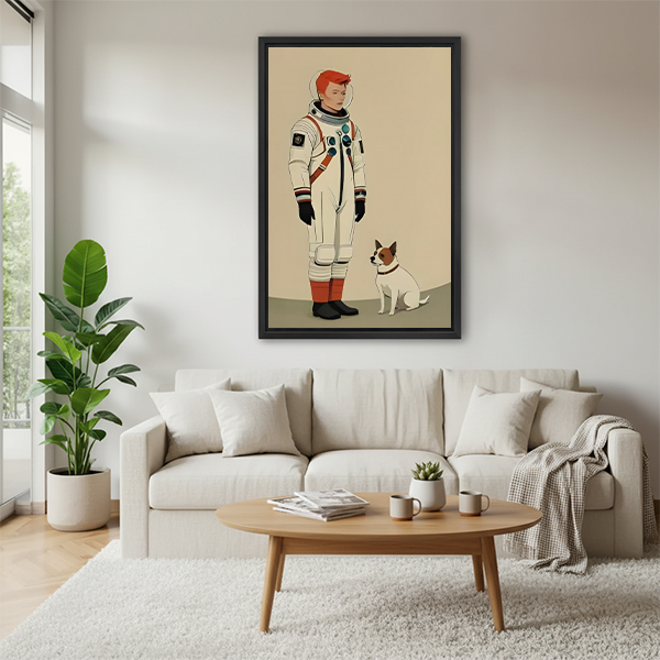 Retro astronaut dog art print above white sofa in cozy Scandinavian living room