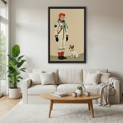 Retro astronaut dog art print above white sofa in cozy Scandinavian living room