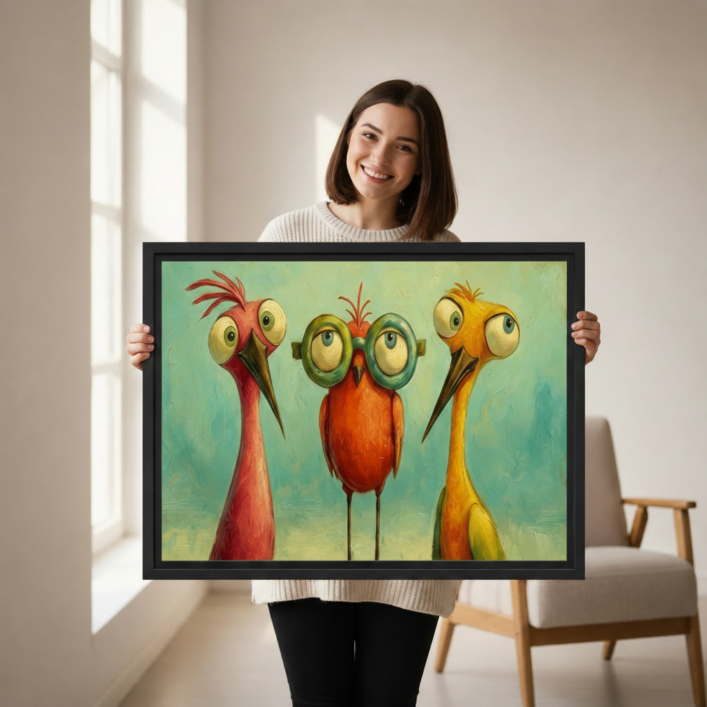 Woman holding large framed quirky birds canvas print, colorful whimsical bird wall art black frame