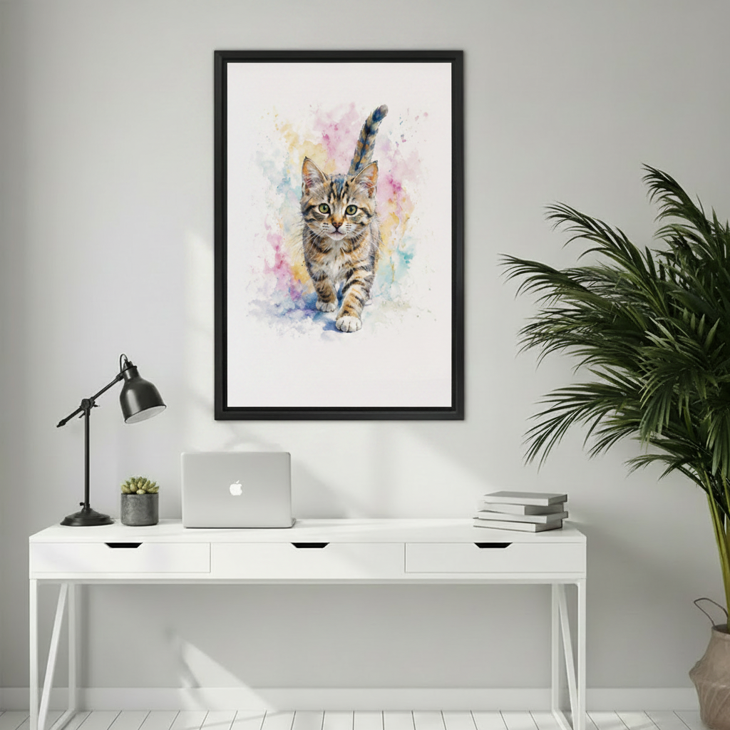 Whimsical sleeping elephant red high heels framed canvas art in black frame above white desk with laptop in modern home office