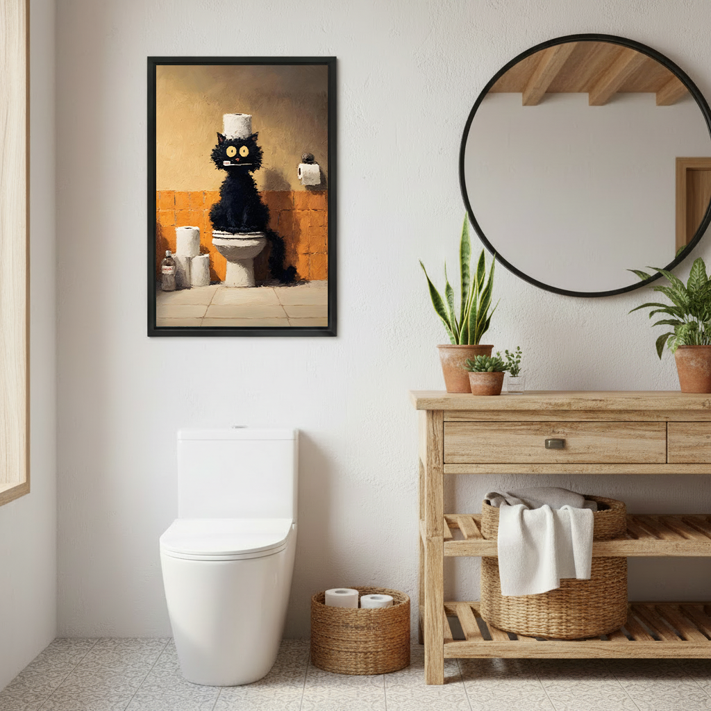 Funny black cat sitting on toilet framed wall art in rustic wooden bathroom with round mirror