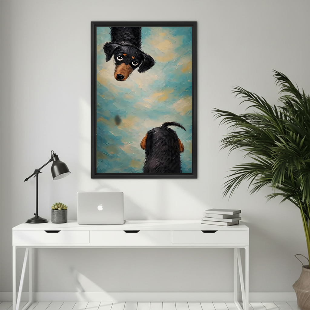 Curious dachshund duo framed canvas wall art above white home office desk